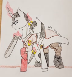 Size: 2870x3037 | Tagged: safe, artist:agdapl, imported from derpibooru, pony, unicorn, boots, chainsaw, clothes, duo, glasses, glowing horn, horn, knife, magic, male, medic, raised hoof, shoes, signature, stallion, team fortress 2, telekinesis, traditional art