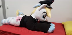 Size: 4032x1960 | Tagged: safe, artist:qtpony, photographer:ryperiour2, oc, oc:aryanne, earth pony, pony, unicorn, armband, clothes, hat, heart, irl, life size, nazi, photo, plushie, smiley face, socks, swastika