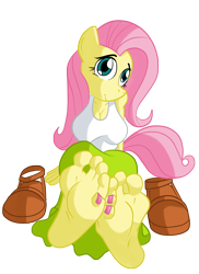 Size: 1500x2064 | Tagged: safe, artist:jinkslizard, imported from derpibooru, fluttershy, anthro, pegasus, plantigrade anthro, barefoot, breasts, busty fluttershy, clothes, equestria girls outfit, feet, fetish, foot fetish, foot focus, sandals, soles, solo, toes