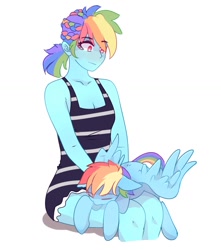 Size: 1153x1306 | Tagged: safe, artist:aaa-its-spook, imported from derpibooru, rainbow dash, pegasus, pony, equestria girls, blushing, breasts, cleavage, clothes, dress, eyes closed, human ponidox, petting, self ponidox, simple background, sitting on lap, white background