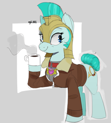 Size: 3180x3532 | Tagged: safe, artist:cadillac-dynamite, artist:cadillacdynamite, imported from derpibooru, oc, oc only, earth pony, pony, equestria at war mod, clothes, coffee, earth pony oc, equestrian pink heart of courage, female, guardsmare, helmet, high res, jacket, mare, royal guard, sketch, smiling, solo, zipper