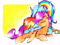 Size: 3709x2782 | Tagged: safe, artist:liaaqila, imported from derpibooru, rainbow dash, scootaloo, pegasus, pony, blank flank, crying, cute, cutealoo, dashabetes, eyes closed, female, filly, foal, folded wings, high res, laughing, lying down, mare, open mouth, prone, raspberry, scootalove, siblings, sisters, spread wings, tears of laughter, teary eyes, tongue out, tummy buzz, wings