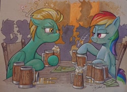 Size: 2048x1485 | Tagged: safe, artist:andypriceart, idw, imported from derpibooru, applejack, lightning dust, rainbow dash, pegasus, pony, alcohol, annoyed, bloodshot eyes, chair, cider, cider dash, cider mug, colored pencil drawing, competition, complex background, crowd, derp, dizzy, drinking contest, drinking game, drunk, drunk bubbles, faic, female, go home you're drunk, mare, markers, money, mug, silhouette, sitting, smiling, smug, smugdash, table, that pony sure does love cider, traditional art