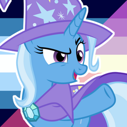 Size: 500x500 | Tagged: safe, artist:prideponies, imported from derpibooru, trixie, pony, unicorn, brooch, cape, clothes, female, hat, icon, jewelry, looking to the right, mare, open mouth, open smile, pride flag, smiling, solo, trixie's brooch, trixie's cape, trixie's hat