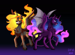 Size: 1920x1406 | Tagged: safe, artist:dragonfoxgirl, imported from derpibooru, oc, oc only, oc:noctis eterna, oc:solstis, alicorn, pony, alicorn oc, chest fluff, evil, evil grin, fangs, grin, horn, obtrusive watermark, sharp teeth, slit eyes, slit pupils, smiling, teeth, unshorn fetlocks, watermark, wings