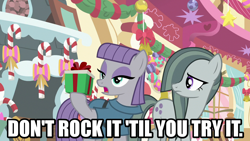 Size: 1280x720 | Tagged: safe, edit, edited screencap, editor:jaredking203, imported from derpibooru, screencap, marble pie, maud pie, earth pony, pony, best gift ever, caption, female, image macro, mare, meme, pie sisters, present, pun, siblings, sisters, text
