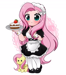 Size: 3612x4096 | Tagged: safe, artist:kittyrosie, imported from derpibooru, fluttershy, human, pegasus, pony, :<, blushing, c:, cake, clothes, cute, female, fluttermaid, folded wings, food, heart eyes, high res, human ponidox, humanized, maid, self paradox, self ponidox, shyabetes, simple background, smiling, white background, wingding eyes, wings