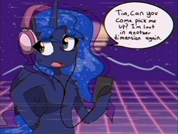 Size: 1600x1200 | Tagged: safe, artist:provolonepone, imported from derpibooru, princess luna, alicorn, pony, 80s, aesthetics, bipedal, cellphone, chest fluff, female, headphones, hoof hold, implied princess celestia, mare, missing cutie mark, phone, solo, speech bubble, synthwave grid, vaporwave