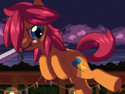 Size: 800x600 | Tagged: safe, artist:rangelost, imported from derpibooru, oc, oc only, oc:trailblazer, earth pony, pony, cyoa:d20 pony, cloud, female, mare, mouth hold, night, night sky, outdoors, pixel art, sky, solo, sword, weapon