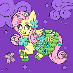 Size: 1000x1000 | Tagged: safe, artist:peachi_tea, imported from derpibooru, fluttershy, butterfly, pony, clothes, dress, gala dress