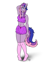 Size: 2800x4000 | Tagged: safe, artist:yumomochan, imported from derpibooru, anthro, belly button, bloomers, bra, clothes, commission, crop top bra, female, mare, multicolored hair, original character do not steal, purple underwear, ribbon, simple background, socks, tongue out, underwear, white background, your character here