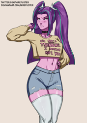 Size: 2480x3508 | Tagged: safe, artist:nire, imported from derpibooru, aria blaze, equestria girls, belly button, blushing, choker, clothes, denim shorts, eyelashes, eyeshadow, frown, hand on hip, high res, makeup, pants, pigtails, ripped pants, short shirt, shorts, socks, thigh highs, torn clothes, tsundaria, tsundere, twintails