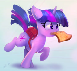 Size: 4413x4078 | Tagged: safe, artist:xbi, imported from derpibooru, twilight sparkle, pony, unicorn, abstract background, absurd resolution, bag, bread, cute, female, filly, filly twilight sparkle, food, mouth hold, running, schoolgirl toast, solo, toast, twiabetes, unicorn twilight, younger