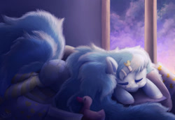 Size: 1280x880 | Tagged: safe, artist:liksmowio, imported from derpibooru, oc, oc only, oc:dozy down, earth pony, pony, clothes, female, mare, rubber duck, sleeping, socks, solo