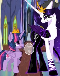 Size: 640x800 | Tagged: safe, artist:_goddesskatie_, imported from derpibooru, twilight sparkle, oc, alicorn, pony, alicorn oc, black sclera, crown, duo, female, horn, indoors, jewelry, looking back, mare, regalia, smiling, tiara, twilight sparkle (alicorn), wings