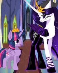 Size: 640x800 | Tagged: safe, alternate version, artist:_goddesskatie_, imported from derpibooru, twilight sparkle, oc, alicorn, pony, alicorn oc, black sclera, chest fluff, crown, duo, female, horn, indoors, jewelry, looking back, mare, regalia, smiling, tiara, twilight sparkle (alicorn), wings