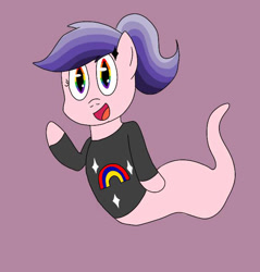 Size: 650x679 | Tagged: safe, artist:fruiitypieq, artist:shycookieq, imported from derpibooru, oc, oc only, ghost, ghost pony, pony, undead, clothes, open mouth, purple background, simple background, smiling