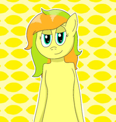 Size: 720x760 | Tagged: safe, artist:fruiitypieq, artist:shycookieq, imported from derpibooru, oc, oc only, anthro, earth pony, abstract background, bedroom eyes, bust, earth pony oc, smiling, solo