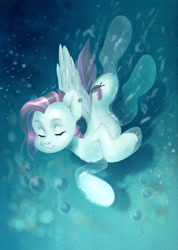 Size: 1600x2243 | Tagged: safe, artist:hollybright, imported from derpibooru, oc, oc only, pegasus, pony, bubble, commission, eyes closed, ocean, solo, swimming, underwater, water, wings