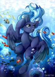 Size: 1280x1811 | Tagged: safe, artist:chinetsuwinx, imported from derpibooru, oc, oc only, fish, pegasus, pony, blue eyes, bubble, commission, crepuscular rays, eyes closed, feather, flowing mane, flowing tail, ocean, open mouth, solo, sunlight, swimming, underwater, water, wings