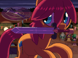 Size: 800x600 | Tagged: safe, artist:rangelost, imported from derpibooru, oc, oc only, oc:tonsoria, oc:trailblazer, earth pony, pony, cyoa:d20 pony, female, mare, mouth hold, pixel art, scissors, solo focus, sword, weapon