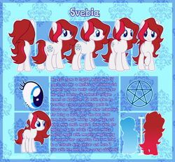 Size: 4000x3700 | Tagged: safe, artist:paradiseskeletons, imported from derpibooru, oc, oc only, oc:svebia, earth pony, pony, cutie mark, female, red hair, red mane, red tail, reference sheet, solo, text, white fur