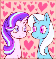 Size: 745x787 | Tagged: safe, artist:fraisep14, imported from derpibooru, starlight glimmer, trixie, pony, unicorn, bust, duo, female, heart, lesbian, looking at each other, shipping, startrix