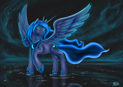 Size: 1920x1358 | Tagged: safe, artist:artifex670, imported from derpibooru, princess luna, alicorn, pony, blue mane, cloud, colored pupils, crown, ethereal mane, female, flowing mane, flowing tail, hoof shoes, horn, jewelry, night, reflection, regalia, signature, sky, solo, spread wings, starry mane, stars, water, wings