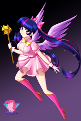 Size: 3206x4756 | Tagged: safe, artist:danmakuman, imported from derpibooru, twilight sparkle, alicorn, human, my little pony: the manga, breasts, busty twilight sparkle, clothes, cute, gradient background, humanized, magical girl, scepter, solo, twiabetes, twilight scepter, twilight sparkle (alicorn), winged humanization, wings