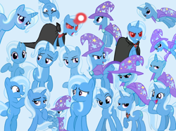 Size: 1136x851 | Tagged: safe, artist:joelleart13, artist:luckreza8, imported from derpibooru, trixie, pony, unicorn, alicorn amulet, angry, cape, clothes, collage, cute, diatrixes, evil grin, female, frown, grin, happy, hat, mare, multeity, red eyes, smiling, smug, trixie army, trixie's cape, trixie's hat