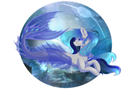 Size: 2920x2053 | Tagged: safe, artist:elektra-gertly, imported from derpibooru, oc, oc only, merpony, blue mane, clothes, crepuscular rays, ear fluff, fin wings, fish tail, flowing mane, flowing tail, high res, seashell, see-through, simple background, solo, sunlight, swimming, tail, transparent background, underwater, water, wings