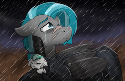 Size: 2508x1624 | Tagged: safe, artist:rokosmith26, imported from derpibooru, oc, oc only, oc:rokosmith, pegasus, pony, fallout equestria, armor, cloud, cloudy, dark, duo, father and child, father and daughter, female, filly, floppy ears, male, rain, sad, scar, stallion, standing, younger