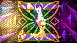 Size: 3840x2160 | Tagged: safe, artist:anime-equestria, artist:laszlvfx, edit, imported from derpibooru, applejack, rarity, earth pony, pony, unicorn, applejack's hat, blushing, cowboy hat, duo, duo female, female, hat, high res, kneeling, lesbian, rarijack, shipping, vector, wallpaper, wallpaper edit