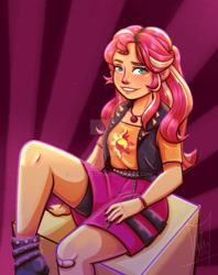 Size: 1280x1620 | Tagged: safe, artist:fluterloo, imported from derpibooru, sunset shimmer, equestria girls, bandage, boots, clothes, geode of empathy, leather vest, magical geodes, shoes, shorts, shorts under skirt, skirt, solo