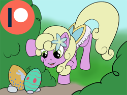Size: 600x450 | Tagged: safe, artist:tunrae, imported from derpibooru, spring forward, earth pony, pony, advertisement, background pony, bush, clothes, easter, easter egg, female, flower, holiday, patreon, patreon logo, solo