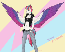 Size: 1500x1200 | Tagged: safe, artist:dementra369, imported from derpibooru, zipp storm, anthro, pegasus, abstract background, belly button, belt, chains, choker, clothes, ear piercing, earring, female, g5, gloves, jacket, jeans, jewelry, leather jacket, midriff, necklace, pants, piercing, solo, spread wings, text, torn clothes, wings, wristband