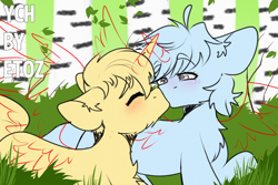 Size: 3000x2000 | Tagged: safe, artist:etoz, imported from derpibooru, pony, advertisement, auction, auction open, blushing, commission, eyes closed, forest, generic pony, grass, happy, high res, horn, kissing, leaves, tree, wings, ych example, ych sketch, your character here, your character here auction