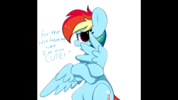 Size: 1280x720 | Tagged: safe, artist:kittyrosie, edit, imported from derpibooru, rainbow dash, pegasus, pony, animated, blatant lies, blushing, crossed arms, cute, dashabetes, denial's not just a river in egypt, fifteen.ai, i'm not cute, simple background, solo, talking to viewer, tsunderainbow, tsundere, webm, white background