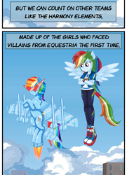 Size: 925x1278 | Tagged: safe, artist:invisibleguy-ponyman, artist:ponymaan, edit, imported from derpibooru, rainbow dash, oc, human, original species, plane pony, pony, robot, comic:lyra-lyra's bizarre adventure, equestria girls, airplane dash, comic, cropped, equestria girls-ified, female, geode of super speed, glasses, human ponidox, kamina sunglasses, magical geodes, missile, planeified, ponied up, self ponidox, species swap, speech bubble, sunglasses