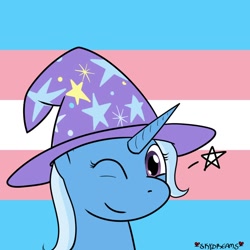 Size: 1000x1000 | Tagged: safe, artist:skydreams, imported from derpibooru, trixie, pony, unicorn, bust, clothes, female, hat, mare, one eye closed, portrait, pride, pride flag, smiling, solo, stars, trans female, trans trixie, transgender, transgender pride flag, trixie's hat, wink