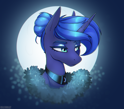 Size: 1700x1500 | Tagged: safe, artist:kirasunnight, imported from derpibooru, princess luna, alicorn, pony, alternate hairstyle, bust, ear fluff, female, full moon, hair bun, mare, moon, portrait, solo