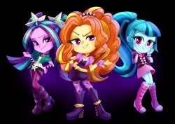 Size: 1199x848 | Tagged: safe, artist:binco_293, imported from derpibooru, adagio dazzle, aria blaze, sonata dusk, equestria girls, rainbow rocks, adoragio, ariabetes, boots, bracelet, chibi, clothes, cute, female, gem, jewelry, legs, looking at you, pigtails, ponytail, shoes, siren gem, skirt, smiling, sonatabetes, the dazzlings, trio, twintails