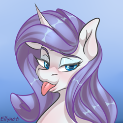 Size: 3000x3000 | Tagged: safe, artist:ellynet, imported from derpibooru, rarity, pony, unicorn, bushy brows, bust, female, high res, mare, portrait, solo, thick eyebrows, tongue out