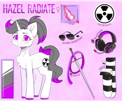 Size: 2048x1707 | Tagged: safe, artist:zefirka, imported from derpibooru, oc, oc only, oc:hazel radiate, pony, unicorn, accessories, accessory, aviator glasses, aviator sunglasses, blushing, bow, clothes, commission, commissioner:biohazard, female, hair bow, headphones, highlights, horn, magic, magic aura, no pupils, ponytail, radiation sign, reference sheet, simple background, socks, solo, striped socks, sunglasses, sword, tail bow, unicorn oc, unshorn fetlocks, weapon