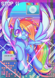 Size: 2480x3508 | Tagged: safe, artist:musicfirewind, artist:wavecipher, imported from derpibooru, rainbow dash, pegasus, pony, colored wings, female, high res, looking at you, mare, open mouth, solo, vaporwave, wings