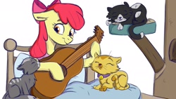 Size: 2048x1152 | Tagged: safe, artist:rutkotka, imported from derpibooru, apple bloom, cat, earth pony, pony, bed, clothes, eyes closed, female, goldie delicious' scarf, goldie delicious' shawl, guitar, musical instrument, older, older apple bloom, shawl, smiling