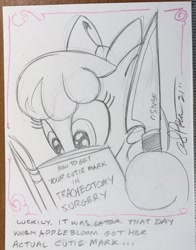Size: 1602x2048 | Tagged: safe, artist:andypriceart, imported from derpibooru, apple bloom, earth pony, pony, andy you magnificent bastard, book, female, filly, ginsu, knife, this could have ended in death, traditional art