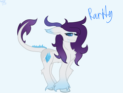 Size: 2048x1536 | Tagged: safe, artist:revenge.cats, imported from derpibooru, rarity, dracony, dragon, earth pony, hybrid, pony, dragonified, eyeshadow, fangs, gradient hooves, gradient mane, horn, makeup, raridragon, redesign, simple background, species swap, tail spines, unshorn fetlocks