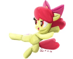 Size: 1280x1024 | Tagged: safe, artist:raphael_david28, artist:raphaeldavid, imported from derpibooru, apple bloom, earth pony, pony, apple bloom's bow, bow, female, filly, hair bow, karate, kick, martial arts, open mouth, solo