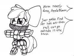 Size: 2047x1553 | Tagged: safe, artist:ewoudcponies, imported from derpibooru, apple bloom, earth pony, pony, a christmas story, belt, bipedal, black and white, bundled up, bundled up for winter, clothes, female, filly, grayscale, implied applejack, monochrome, offscreen character, scarf, traditional art, winter clothes, winter coat, winter outfit